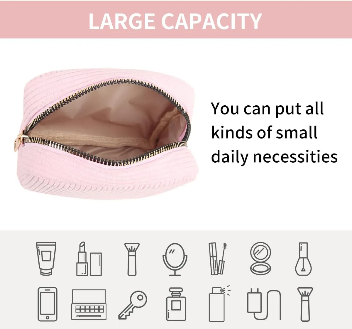 Small Makeup Bag for Purse Corduroy Mini Cosmetics Bag Cute Cosmetic Pouch for Women,Pink