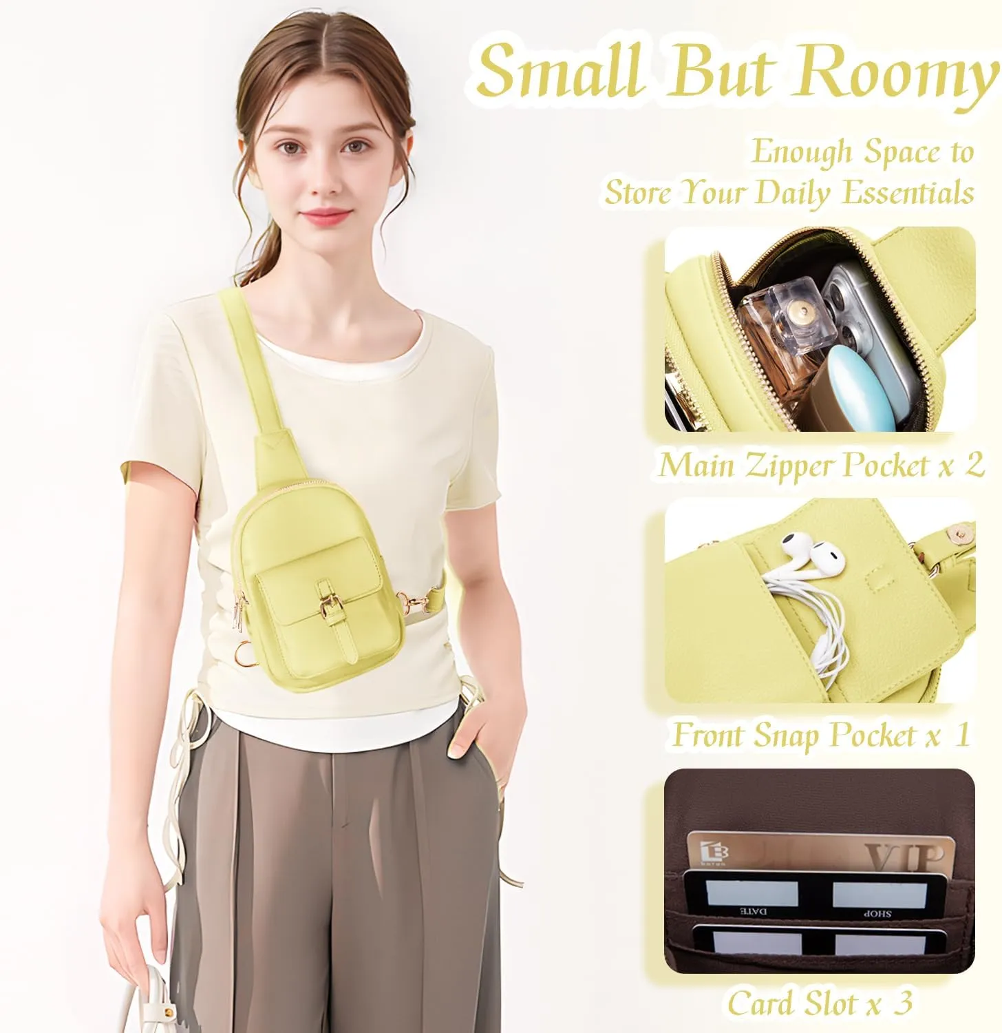 Small Sling Bag Fanny Pack for Girls Vegan Leather 3 Pockets Crossbody Purse for Women Gift for Teen Girls Stuff