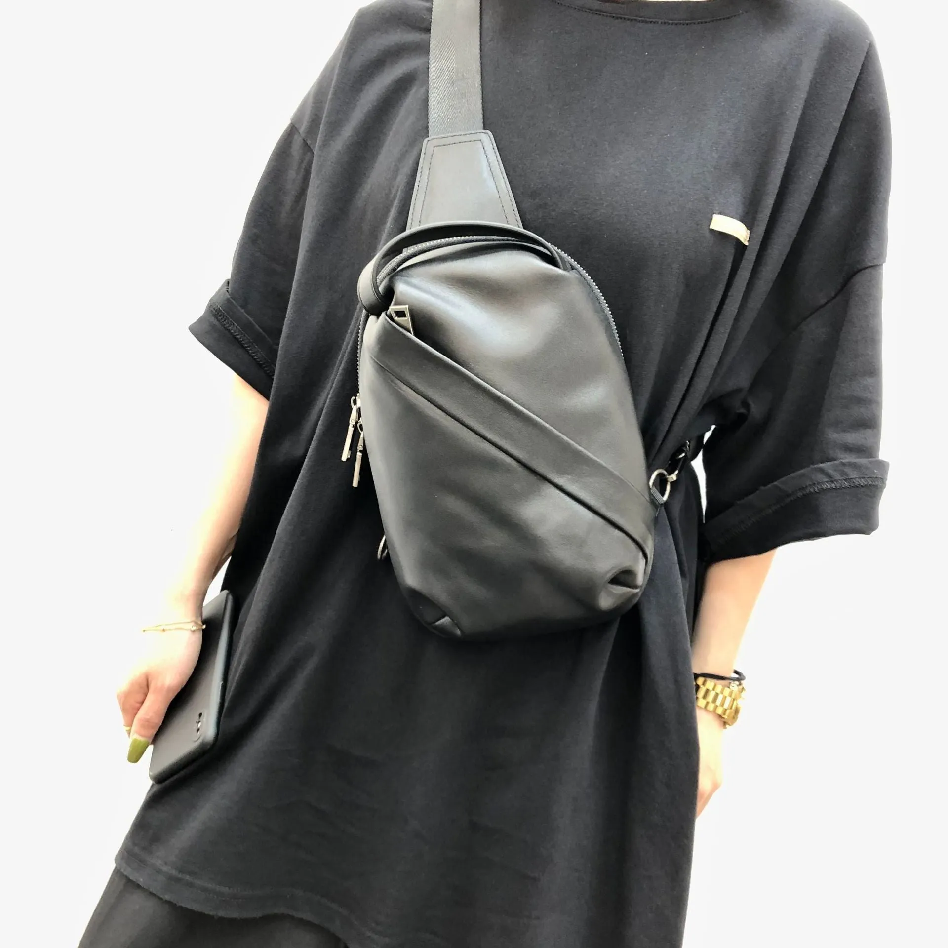 Small Womens Leather Chest Backpack Purse Black Sling Bags