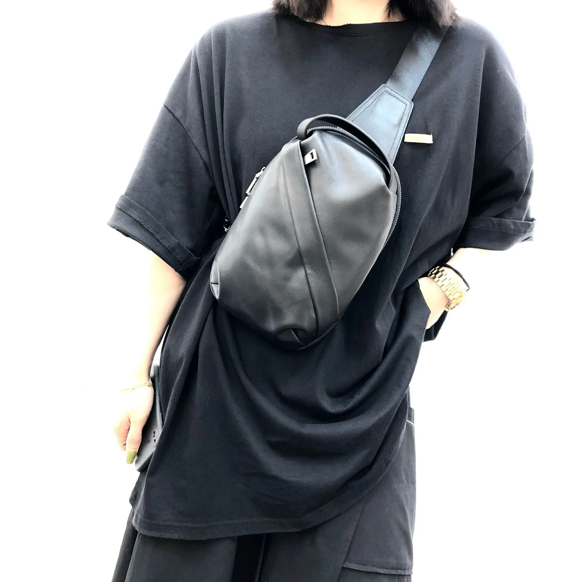 Small Womens Leather Chest Backpack Purse Black Sling Bags