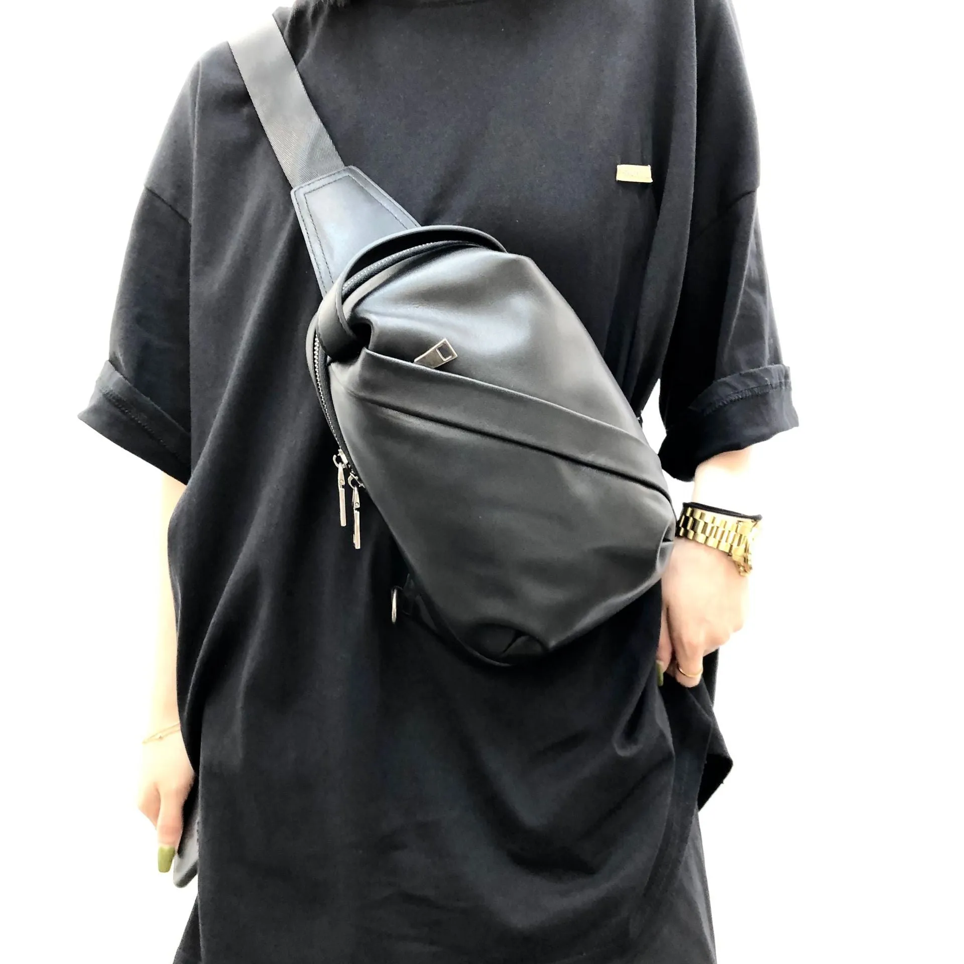 Small Womens Leather Chest Backpack Purse Black Sling Bags