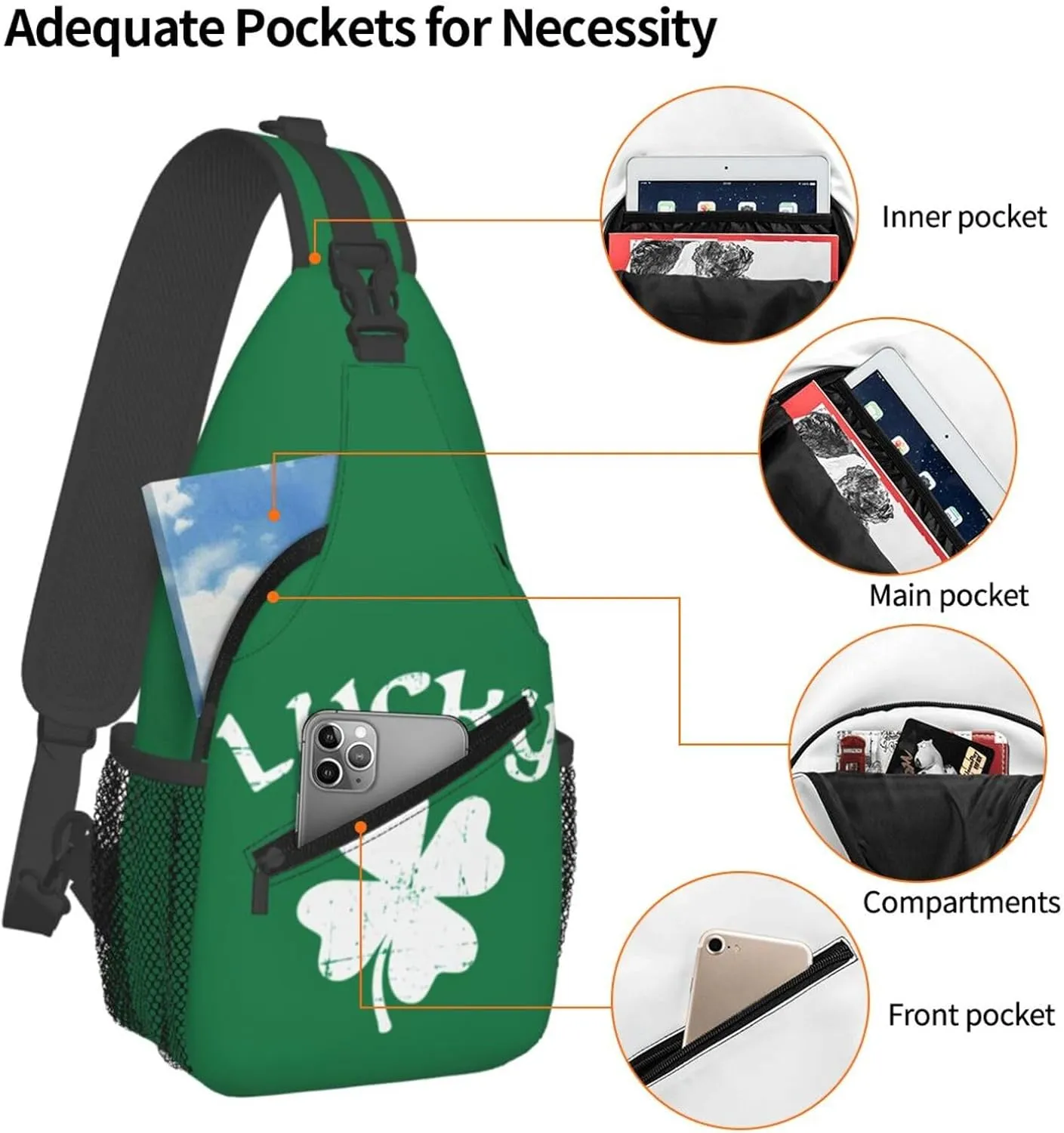 St Patricks Day Lucky Shamrock Crossbody Sling Bag For Women Men Adjustable Chest Bag Irish Green Clover Shoulder Bag Sling Backpack Daypack For Sport Travel Hiking