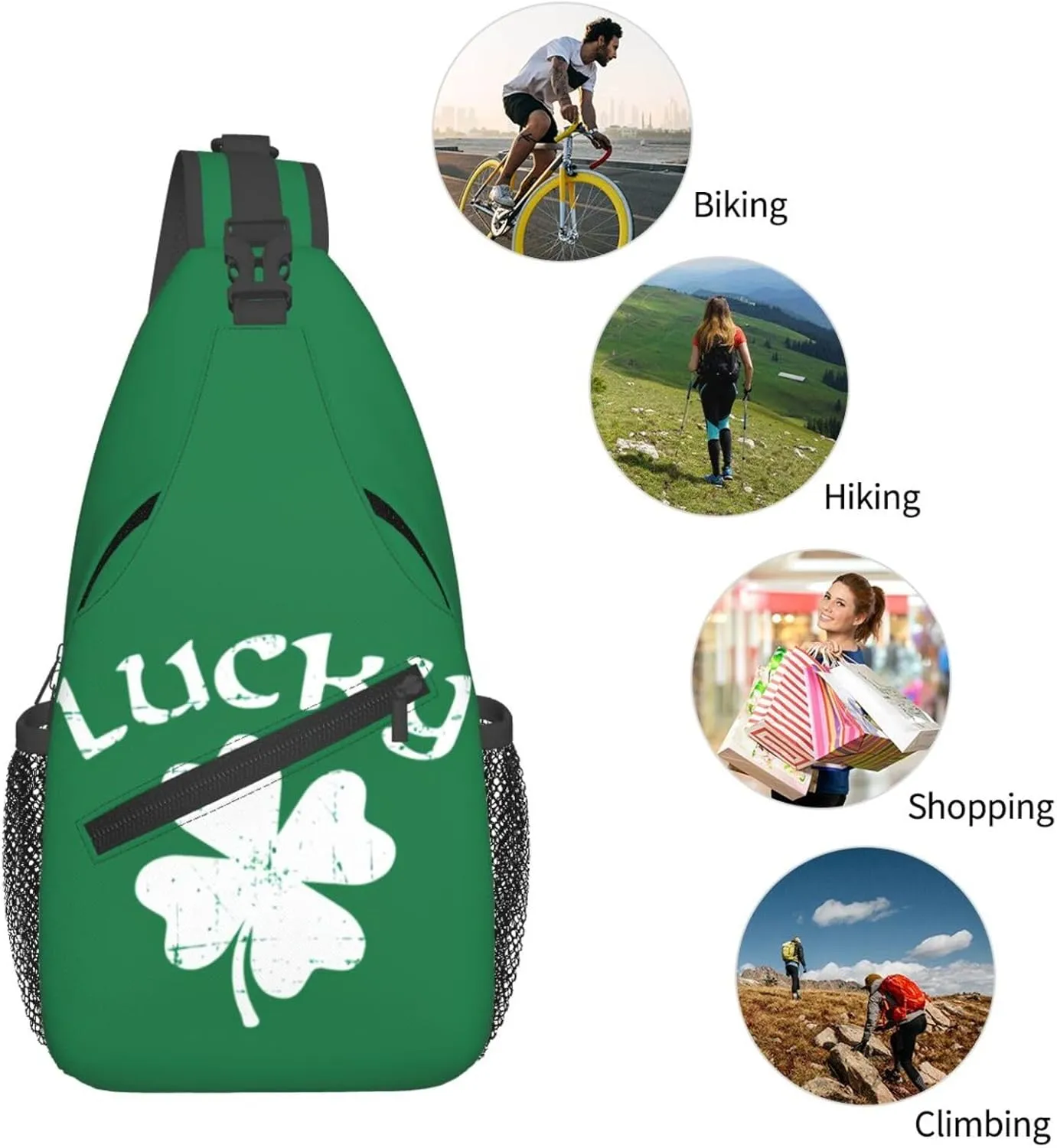 St Patricks Day Lucky Shamrock Crossbody Sling Bag For Women Men Adjustable Chest Bag Irish Green Clover Shoulder Bag Sling Backpack Daypack For Sport Travel Hiking