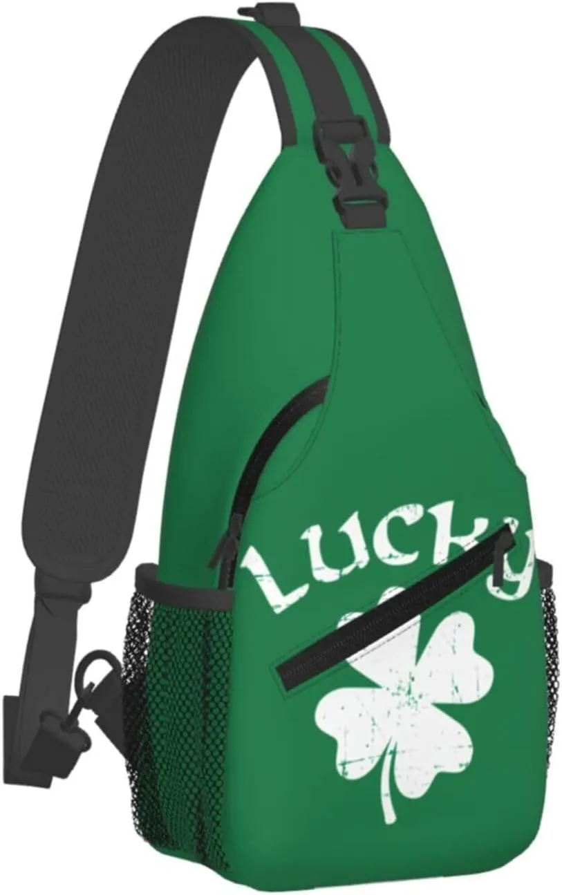 St Patricks Day Lucky Shamrock Crossbody Sling Bag For Women Men Adjustable Chest Bag Irish Green Clover Shoulder Bag Sling Backpack Daypack For Sport Travel Hiking