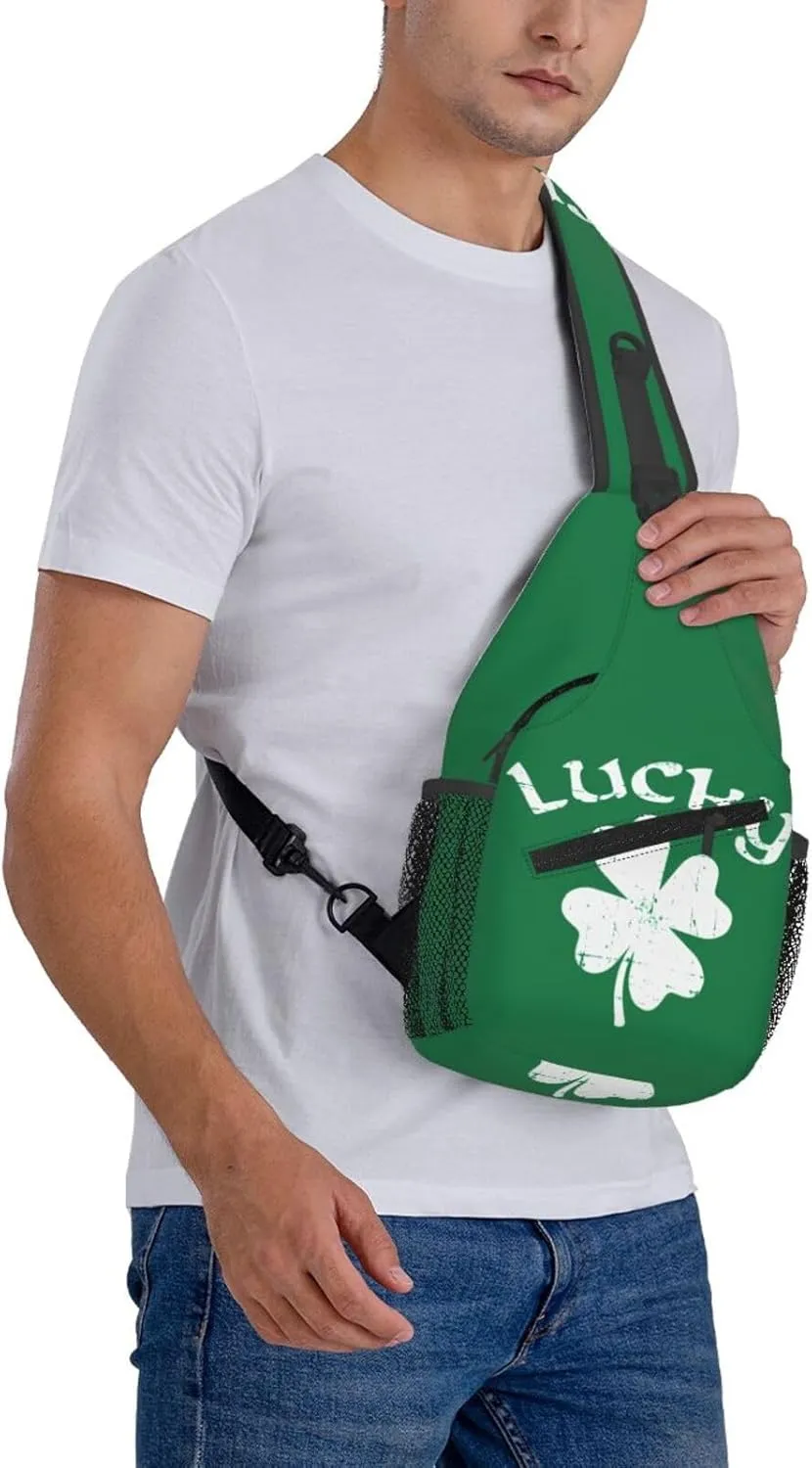 St Patricks Day Lucky Shamrock Crossbody Sling Bag For Women Men Adjustable Chest Bag Irish Green Clover Shoulder Bag Sling Backpack Daypack For Sport Travel Hiking