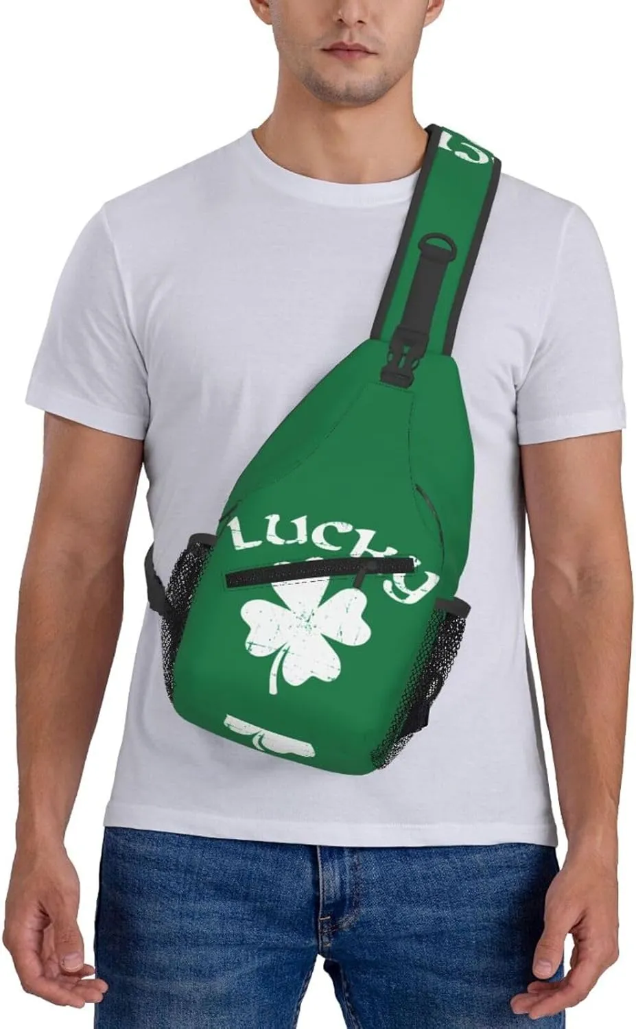 St Patricks Day Lucky Shamrock Crossbody Sling Bag For Women Men Adjustable Chest Bag Irish Green Clover Shoulder Bag Sling Backpack Daypack For Sport Travel Hiking