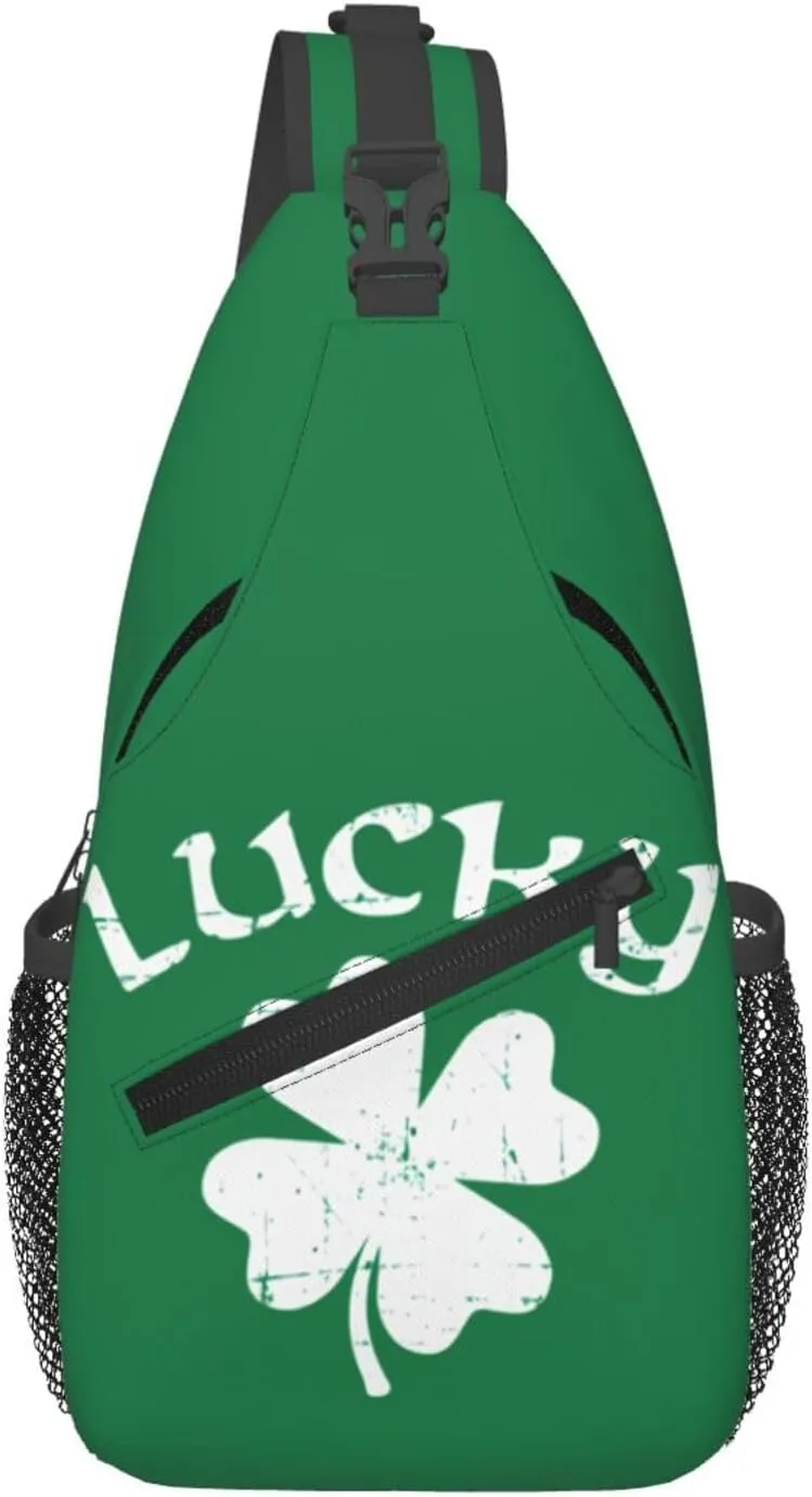 St Patricks Day Lucky Shamrock Crossbody Sling Bag For Women Men Adjustable Chest Bag Irish Green Clover Shoulder Bag Sling Backpack Daypack For Sport Travel Hiking