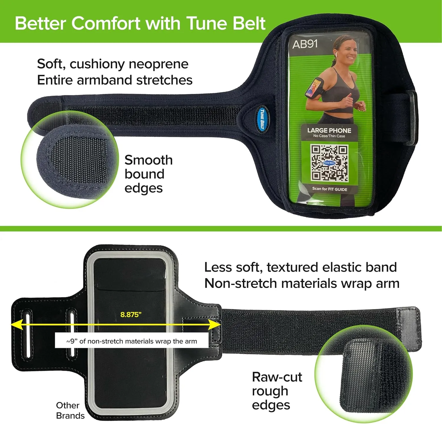 Tune Belt AB91 Running Armband for iPhone 16/15/14/13/12, 11-16 Pro, 16e, Galaxy S24/S23  Sweat-Resistant, Stable, Comfortable, Phone Holder with Adjustable Band for Jogging & Workouts (Black)