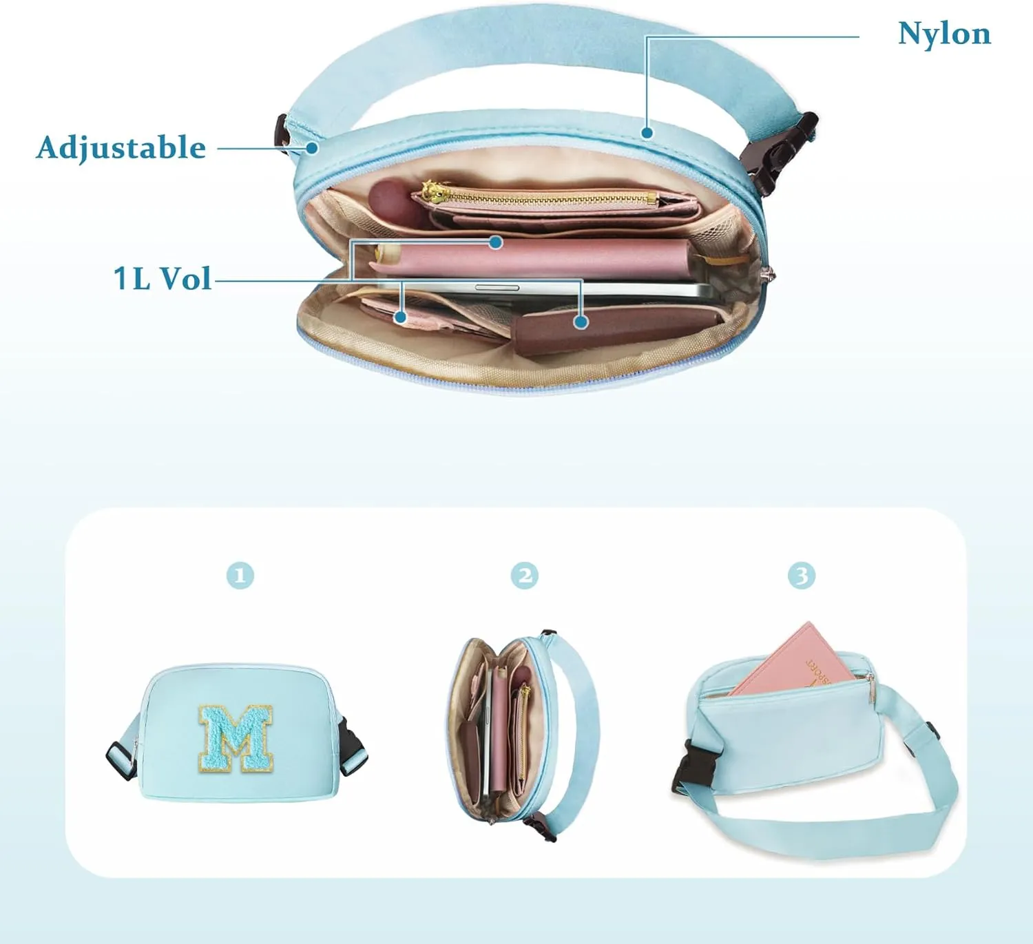 Waist Pack for Running Fanny Pack for Women and Waterproof Crossbody Belt Bag Bum Bag Chenille Letter Everywhere Belt Bag with Adjustable Strap for Sports Purse Gifts(Blue B)