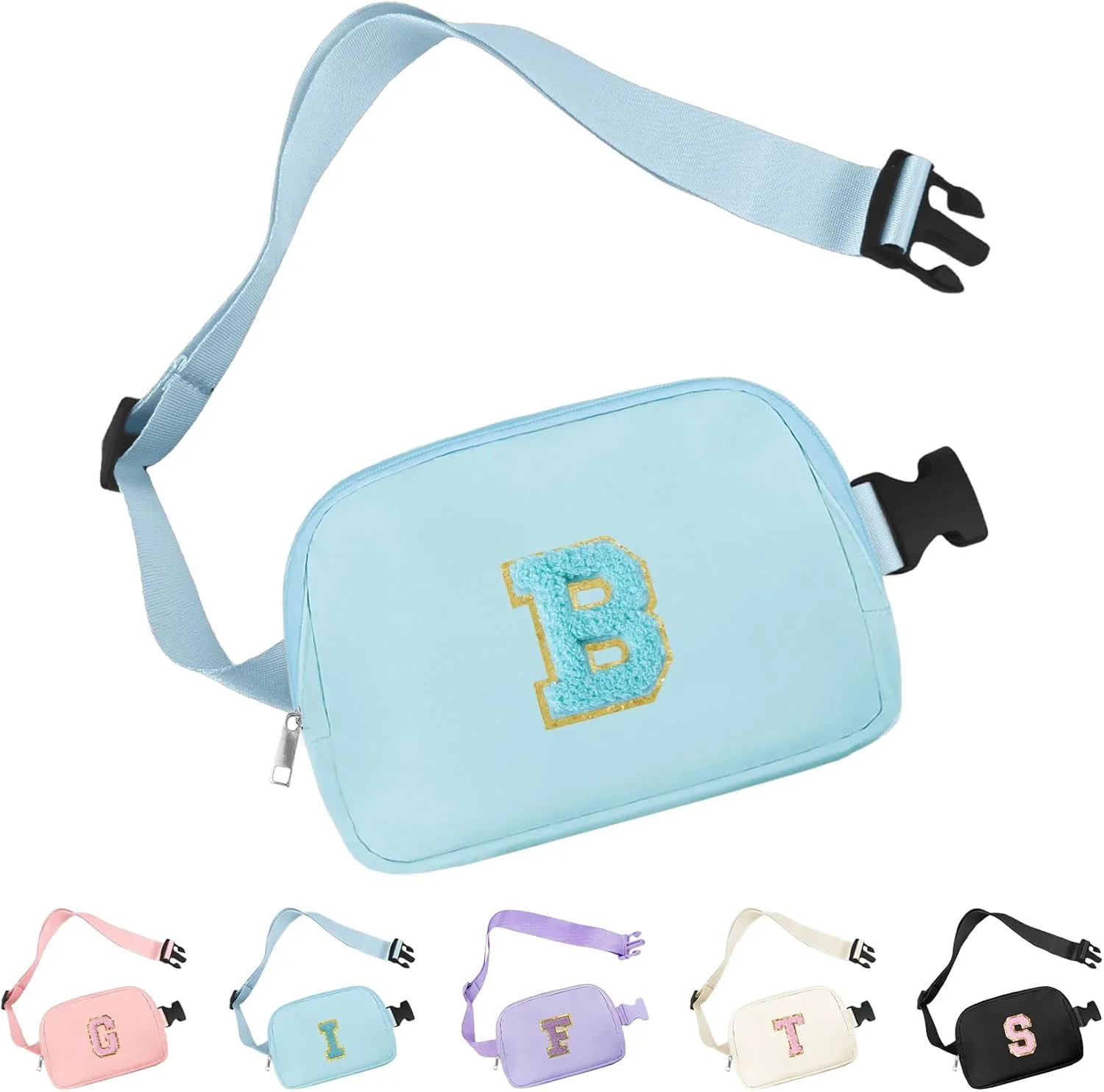 Waist Pack for Running Fanny Pack for Women and Waterproof Crossbody Belt Bag Bum Bag Chenille Letter Everywhere Belt Bag with Adjustable Strap for Sports Purse Gifts(Blue B)
