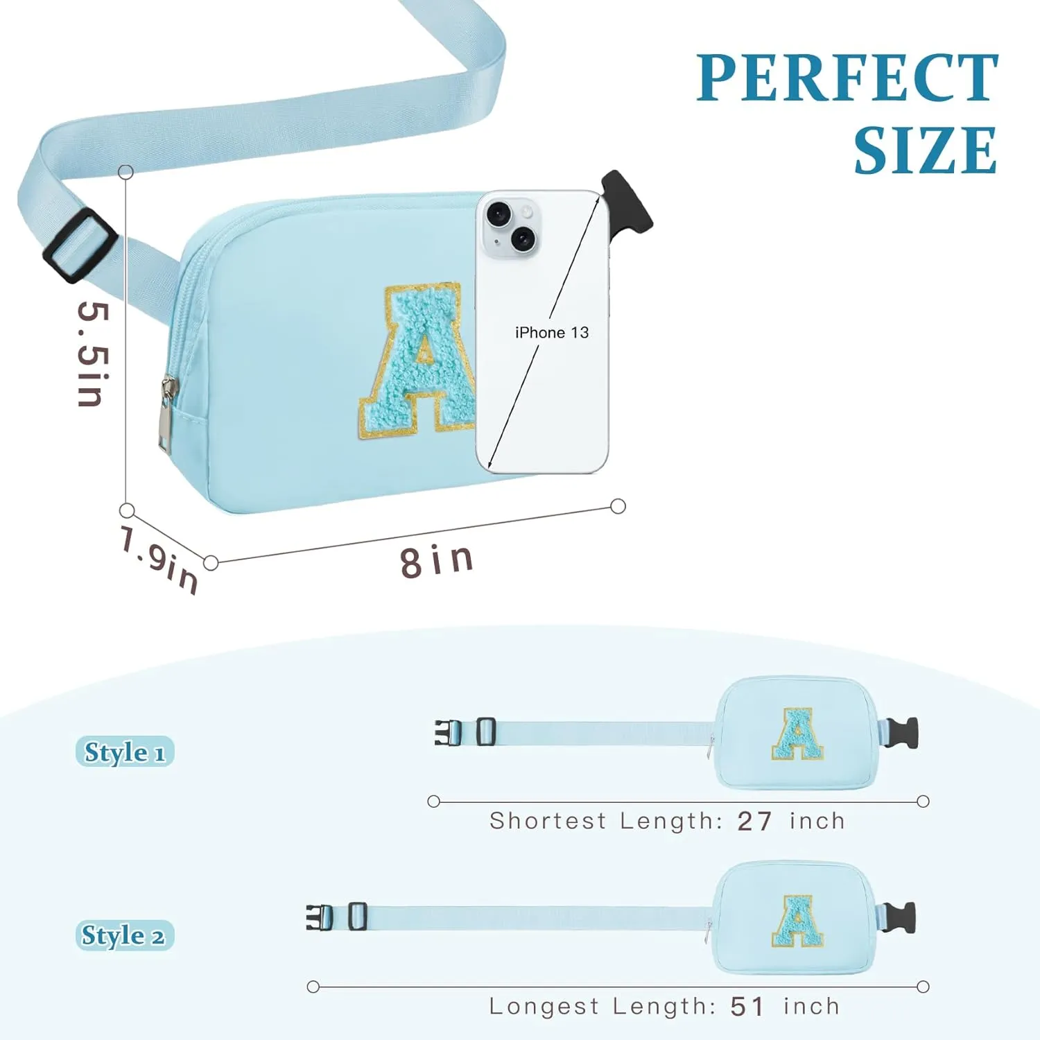 Waist Pack for Running Fanny Pack for Women and Waterproof Crossbody Belt Bag Bum Bag Chenille Letter Everywhere Belt Bag with Adjustable Strap for Sports Purse Gifts(Blue B)