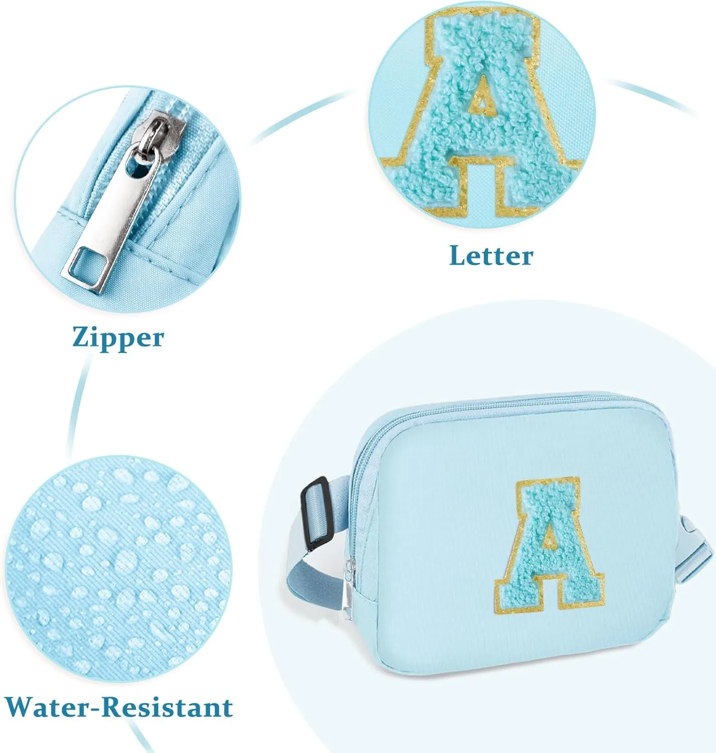 Waist Pack for Running Fanny Pack for Women and Waterproof Crossbody Belt Bag Bum Bag Chenille Letter Everywhere Belt Bag with Adjustable Strap for Sports Purse Gifts(Blue B)