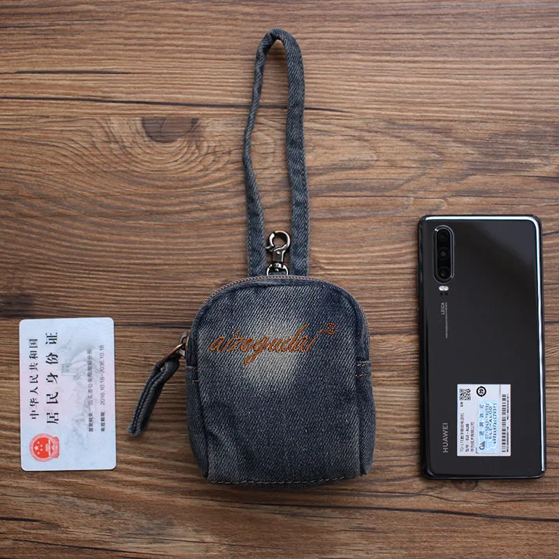 Womens Blue Denim Small Card Coin Purse Vintage Denim Mini Pouch with Lanyard for Women