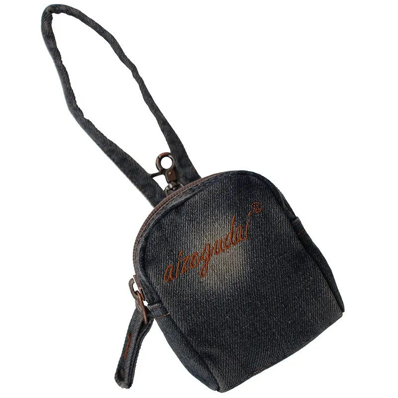 Womens Blue Denim Small Card Coin Purse Vintage Denim Mini Pouch with Lanyard for Women
