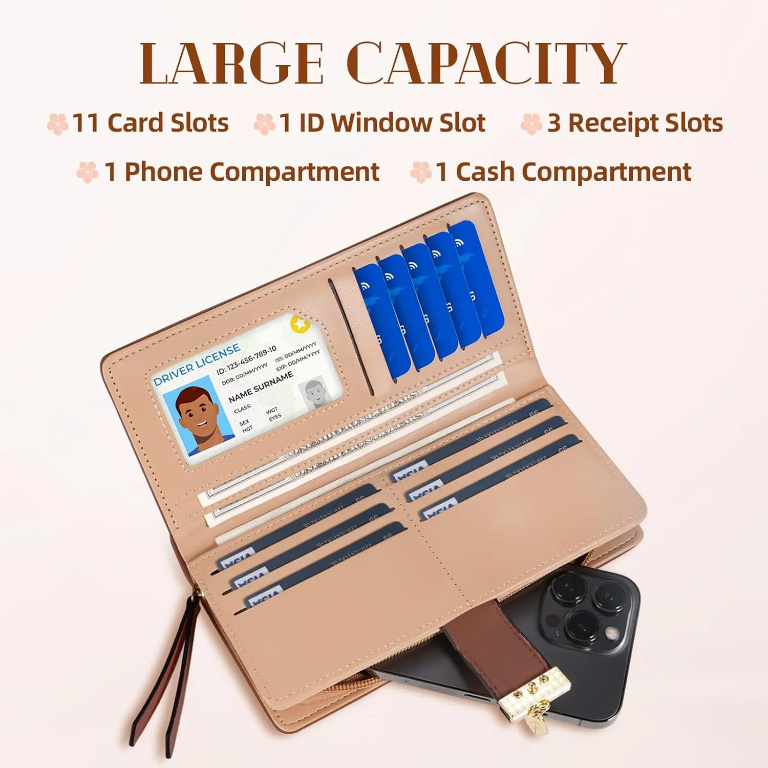Women's Long Leaf Bifold Wallet Leather Card Holder Purse Zipper Buckle Elegant Clutch Wallet Handbag for Women - Brown